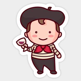 Kawaii French Parisian Man with Beret and Wine Sticker